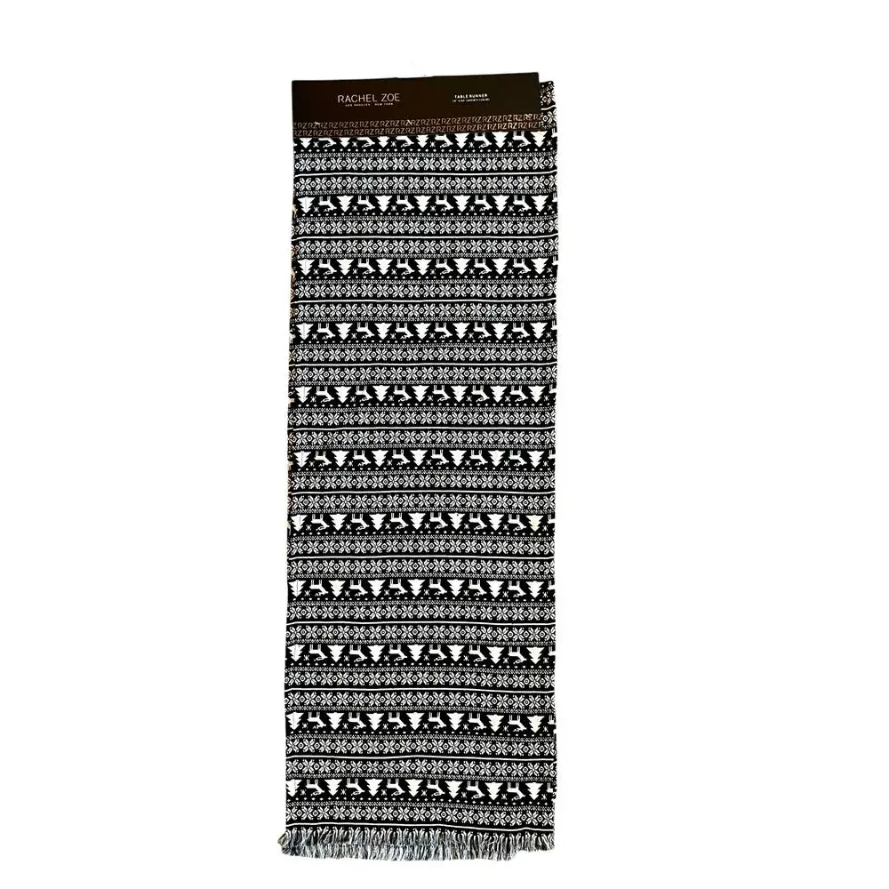 Rachel Zoe Christmas Tree Reindeer Table Runner 16x90 Holiday Black & White New